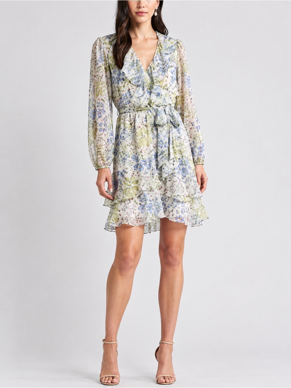 Chelsea28 Pastel Floral Ruffle Wrap Dress - Blue & Green